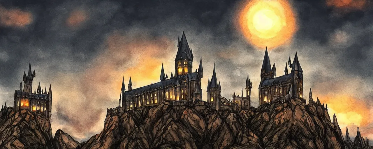 Image similar to Sunset over Hogwarts in Castlevania style, landscape, illustration, fantasy, gothic