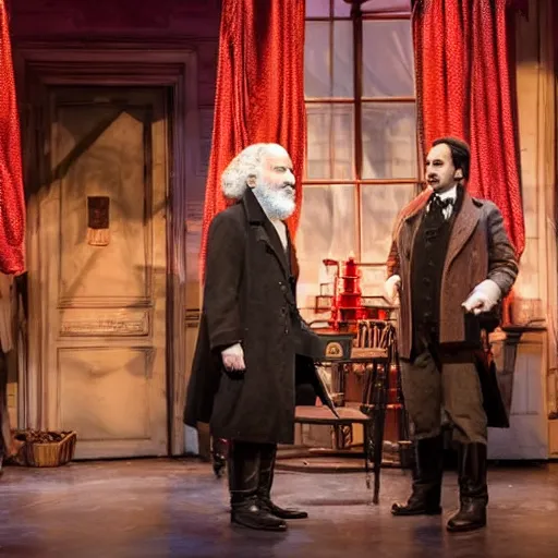 Prompt: a still from a broadway musical about karl marx produced by lin manuel miranda, journalistic photography