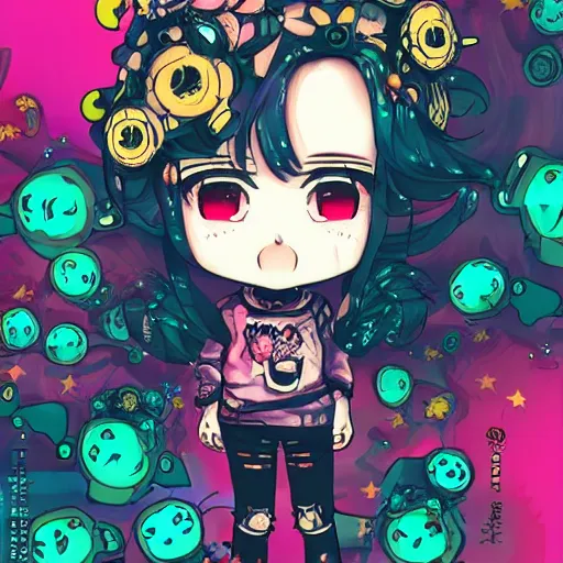 Prompt: portrait of a grungy skull anime and chibi very cute doll by super ss, cyberpunk fashion, nendoroid, kawaii, curly pink hair, night sky, looking up, swirly clouds, neon yellow stars, by wlop, james jean, victo ngai, muted colors, highly detailed