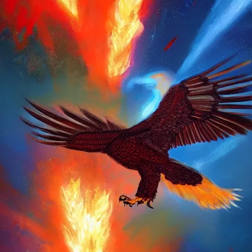 Image similar to eagle on fire in space, painting, Artstation