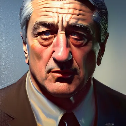 Image similar to realistic portrait of young robert de niro, trending on artstation, low angle oil painting and composition laws, cinematic lighting, hyperdetailed, cgsociety, 8 k