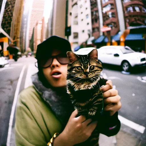 Image similar to nyc rapper holding a cat, fish eye lens, 3 5 mm film camera