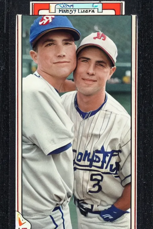 Image similar to baseball card of two players kissing