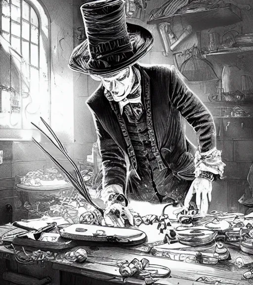 Image similar to beautiful willie wonka cooking meth black and white drawing, in the style of greg rutkowski, fantasy, amazing detail, epic, intricate, elegant, smooth, sharp focus