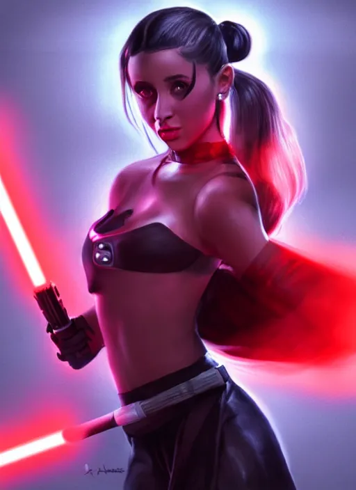 Prompt: Photo of Sith Ariana Grande with two red light sabers, Star Wars concept art, trending on artstation, dramatic lighting, photo-realistic