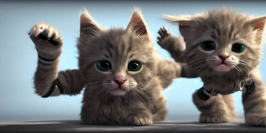 Image similar to a 3 d rendered movie of a cute robot kitten with whiskers. the robot has rgb lighting implants and it resembles a maine coon kitten. in the background is a cat tree ( cyberpunk ) for robots. dramatic lighting. science fiction blockbuster movie, imax 7 0 mm. octane 3 d render, style of mandalorian ( american space western television series ) but about robots