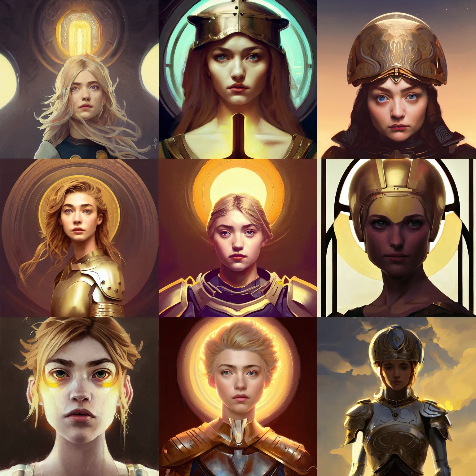 Prompt: masterpiece head-on symmetrical centered painted portrait, Imogen Poots as a paladin, blonde hair, holy light halo, glorious, wearing full metal armour, elegant, in the style of Greg Rutkowski, Jesper Eising, by RHADS, Makoto Shinkai and Lois van baarle, ilya kuvshinov, Art Nouveau, Pre-Raphaelite, Neo-Gothic, gothic, trending on ArtStation, dark fantasy, great composition, concept art, highly detailed, 8K, official fanart behance hd, Art Nouveau, rich deep moody colors