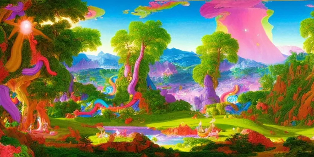 Prompt: a fantasy landscape by lisa frank and thomas cole, candy land