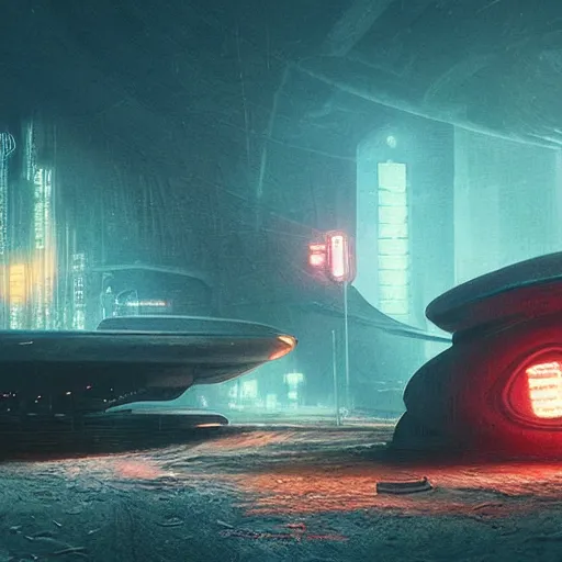 Image similar to scene from bladerunner 2 0 4 9 movie, hr giger artlilery spaceship lands in an alien landscape, filigree ornaments, volumetric lights, syd mead, simon stalenhag, craig mullins