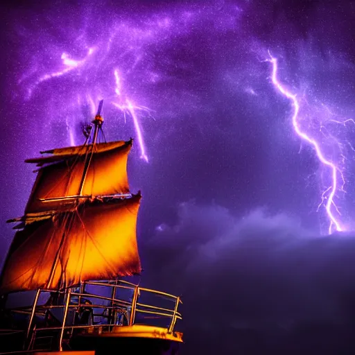 Prompt: purple color lighting storm with stormy sea, pirate ship firing its cannons real life trippy nebula sky 50mm shot