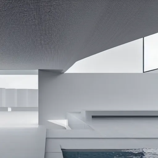 Prompt: white zen clean modern minimalist white room with small pool by peter tarka softly lit well contoured smooth fair walls, up close shot, sharp focus, zen, clean, modern minimalist, zaha hadid octane highly render, 4 k, ultra hd,