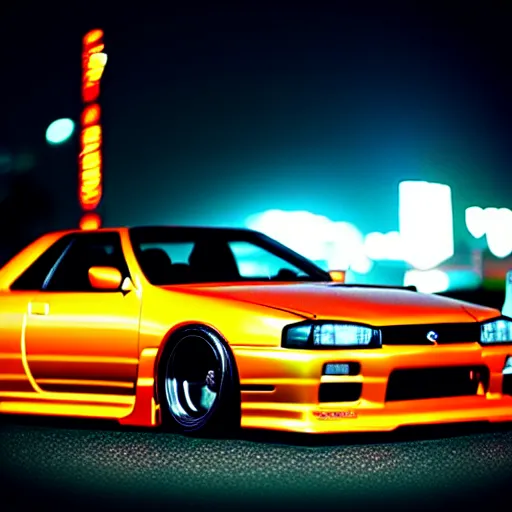Prompt: a car Nissan Skyline GTR32 at illegal car meet, Saitama prefecture, city sunset mist neon lights, cinematic color, photorealistic, highly detailed, 200MM