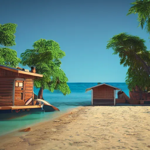 Prompt: utopian beach with small houses, women, naturist, boats, realistic, unreal engine, artstation, octane render.