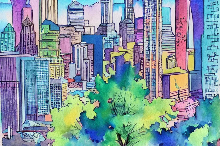 Image similar to !! watercolor!! seattle in a sunny day, artwork by tooth wu, colorful contrast,!!!! very coherent!!!!, dark shadow, thick lineart