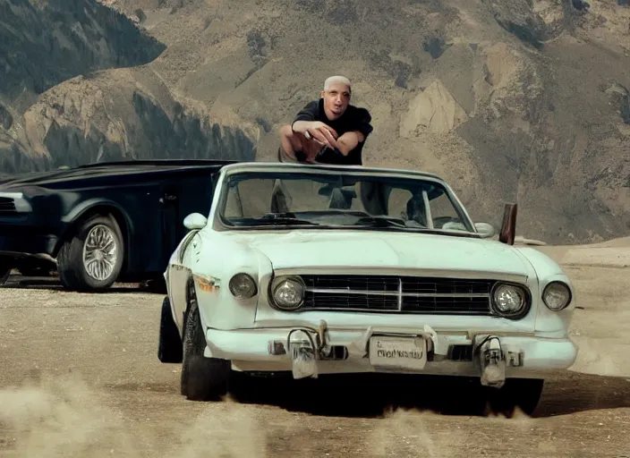 Image similar to a very high resolution image from a new movie, eminem driving a car. mountains, directed by wes anderson