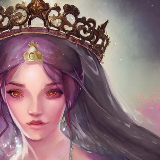 Image similar to beautiful princess, in love, happy, wearing princess medieval robe, wearing a tiara, WLOP, artgerm, Jason Chan, Charlie Bowater, Sergey Kolesov, medieval, fantasy d&d, watercolor on paper, hyper detail portrait, closeup on face, dark pastel castle background