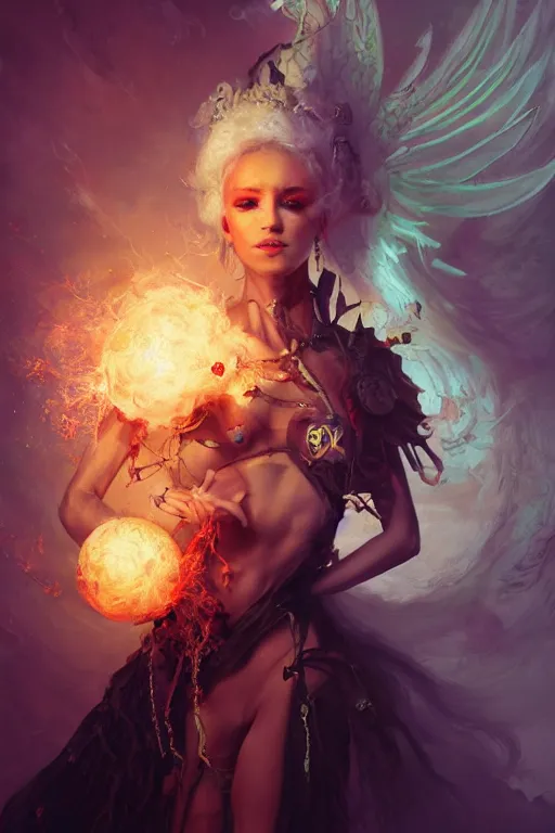 Image similar to beautiful girl necromancer, witch - doctor covered with velvet exploding into organic velvet, angels, 3 d render, hyper realistic detailed portrait, holding magic ball, ruan jia, wlop. scifi, fantasy, hyper detailed, octane render, concept art, peter mohrbacher