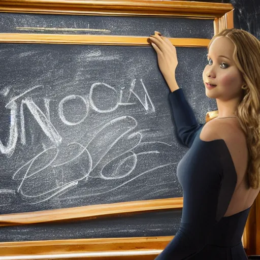 Image similar to the first still from the professor, directed by joseph goebbels, shows jennifer lawrence at a chalkboard, 4 k