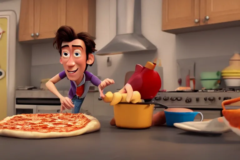 Image similar to still from a Pixar movie of Harry Styles making a pizza, high quality 3d render, movie, Pixar, Renderman, 4k, artstation