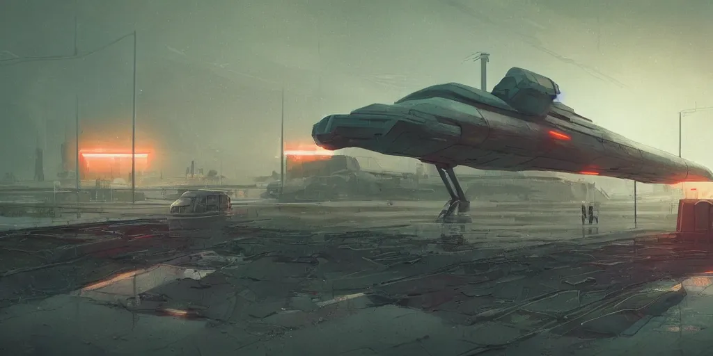 Prompt: scifi soviet cargo spaceship in heavy armor, forbidden west, liminal space around, puddles of water, by simon stalenhag, by ian pesty and alena aenami and makoto shinkai, concept art, matte painting, washed colors,