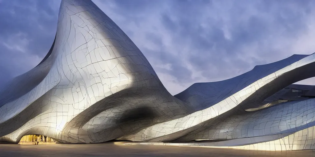 Image similar to extremely elegant smooth detailed stunning sophisticated beautiful elegant futuristic museum exterior by Zaha Hadid, smooth curvilinear design, stunning volumetric light, stainless steel, concrete, translucent material, beautiful sunset, tail lights