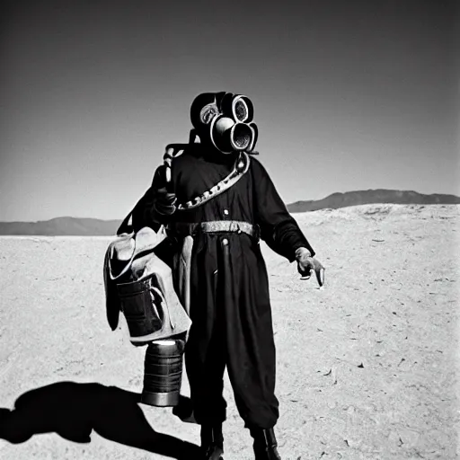 Image similar to an 1 8 0 0's admiral wearing a gasmask, in the desert, film still, arriflex 3 5