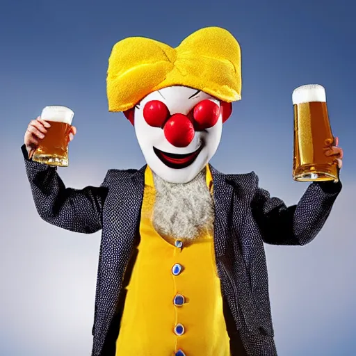 Prompt: silly little grumpy man clown with a beer in front of a soccer match