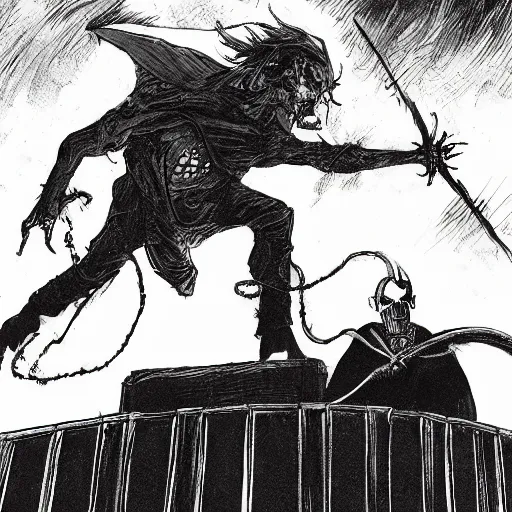 Prompt: a modern day mage fighting a goetic daemon of Wrath on the rooftop of a pub on the outskirts of Brisbane. Modern supernatural horror art, in the style of Michael William Kaluta, Carlos Samuel Araya, and Al Williamson.