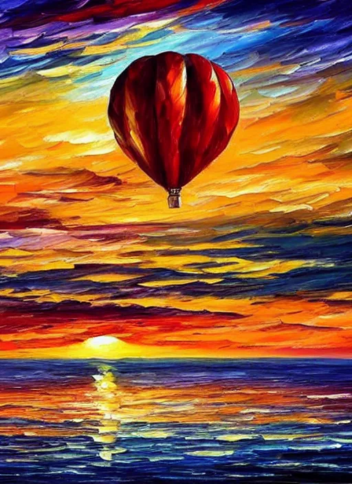 Image similar to beautiful hot air balloons over the ocean at sunset in the style of leonid afremov