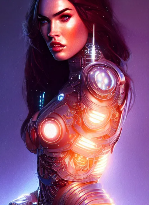 Prompt: portrait of cyborg warrior, megan fox, intricate, elegant, glowing lights, highly detailed, digital painting, artstation, glamor pose, concept art, smooth, sharp focus, illustration, art by artgerm and greg rutkowski, artey freytag