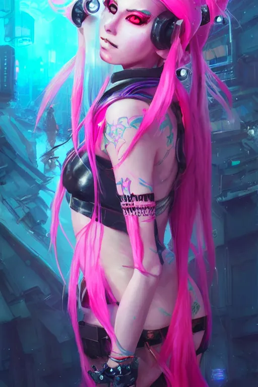Prompt: jinx from league of legends, long pink hair, cyberpunk futuristic neon. decorated with traditional japanese ornaments by ismail inceoglu dragan bibin hans thoma greg rutkowski alexandros pyromallis nekro rene maritte illustrated, perfect face, fine details, realistic shaded, fine - face, pretty face