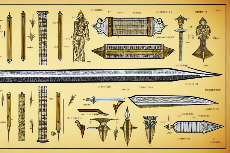 Image similar to schematic diagram of a longsword, ultra detailed, 4 k, papyrus, intricate, encyclopedia illustration, fine inking lines