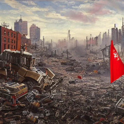 Prompt: a lego toy with red flag in a post-apocalyptic soviet city, oil on canvas, by ivan shishkin