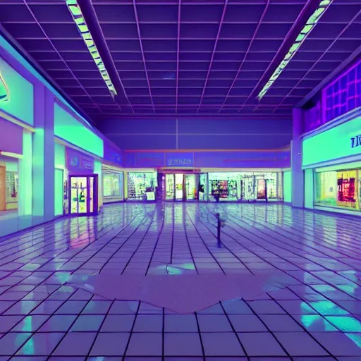 Prompt: vaporwave 9 0 s dreamy empty shopping mall, highly detailed, 3 d render, vray, octane, realistic lighting, photorealistic