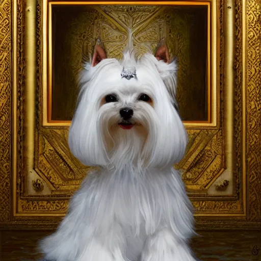 Image similar to white yorkshire terrier sitting on throne, cats sitting around throne, portrait art by donato giancola and greg rutkowski, realistic face, digital art, trending on artstation, symmetry