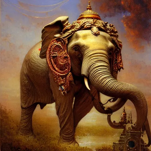 Prompt: srilankan elephant with high - teh steampunk head armour baroque style, painting by gaston bussiere, craig mullins, j. c. leyendecker, lights, art by ernst haeckel, john william godward, hammershøi,
