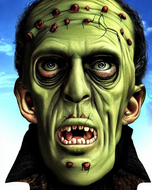 Prompt: halloween frankenstein's monster theme surrealist art in the styles of igor morski, jim warren, and a tim burton film, intricate, hyperrealistic, accurate facial details, profile picture with chromakey!!!!! background, milk - bath effect, volumetric lighting