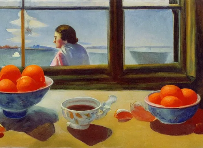 Image similar to painting, two lovers in poor shabby room, view of boat on river in window, tea pot and tea cups and bowl of oranges on table, by paula rego, by neo rauch, by edward hopper