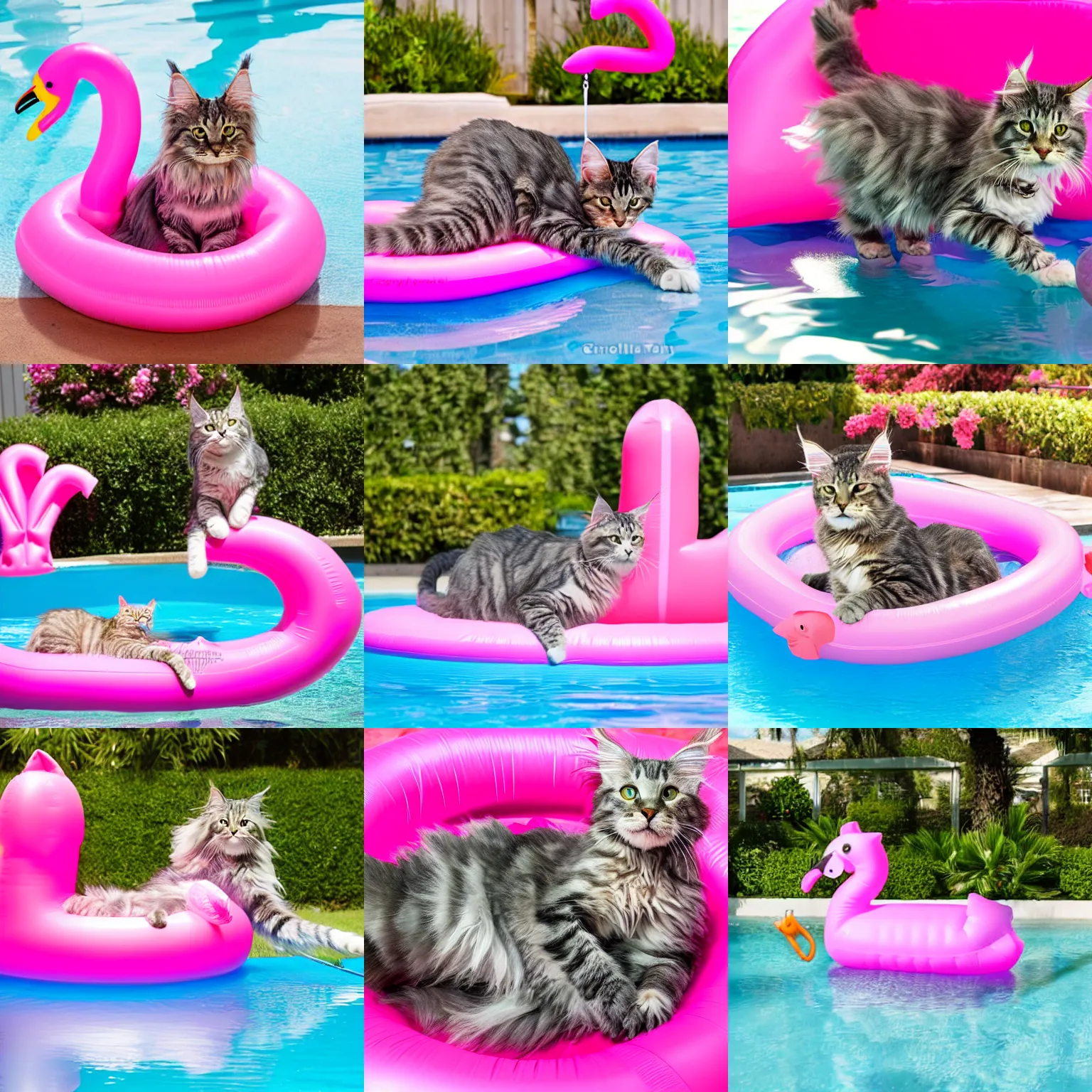 Prompt: tabby silver Maine Coon cat on pink inflatable flamingo in a pool