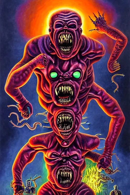 Image similar to a hyperrealistic painting of iron maidens eddie an epic boss fight against money devouring democratic politician demons, cinematic horror by chris cunningham, lisa frank, richard corben, highly detailed, vivid color,