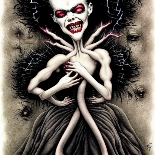 Image similar to bride of frankenstein, dynamic energic pose, in the style of nicoletta ceccoli, mark ryden, lostfish, earl norem, surrealism, dark art by james jean, takato yamamoto