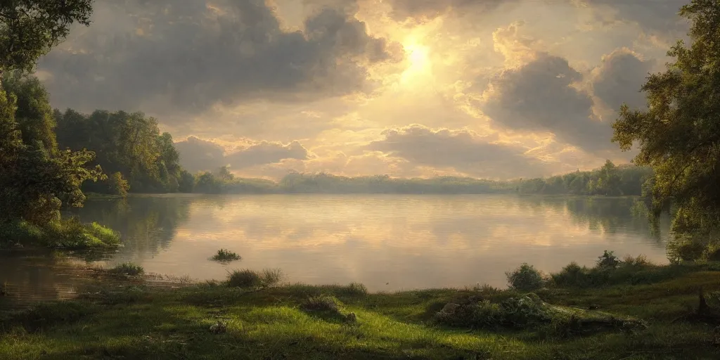 Image similar to a beautiful lake landscape in summer, by Ernest deutsch + Ted Nasmith, cinematic lighting, masterpiece, highly detailed, 8k resolution, trending on art station