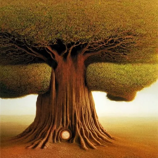 Prompt: A 10,000 year old tree, based on the golden ratio, with a symmetrical landscape, perfect balance, by Steve McCurry and Beksinski