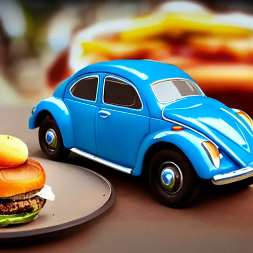 Prompt: a blue beetle car with burgers for wheels m - w 7 6 8