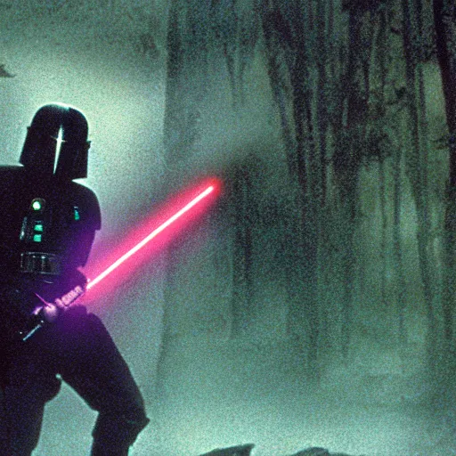 Prompt: 35mm film still jedi mandalorian training with laser sword on an epic mountain, blade runner set in a rainy tropical forest, cool colors, moody, by Alex grey