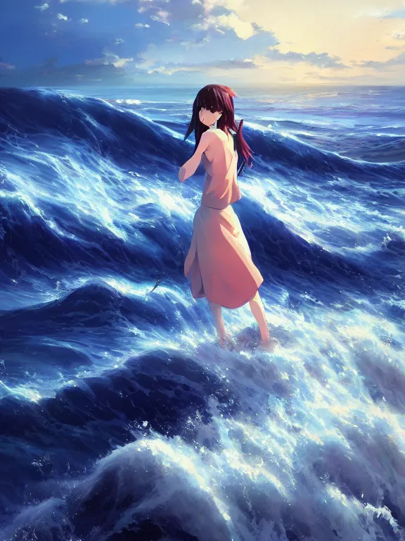 Prompt: Classical oil painting of the ocean waves, beautiful portrait, official anime artwork, stylistic, brush strokes, oil, canvas, by Makoto Shinkai