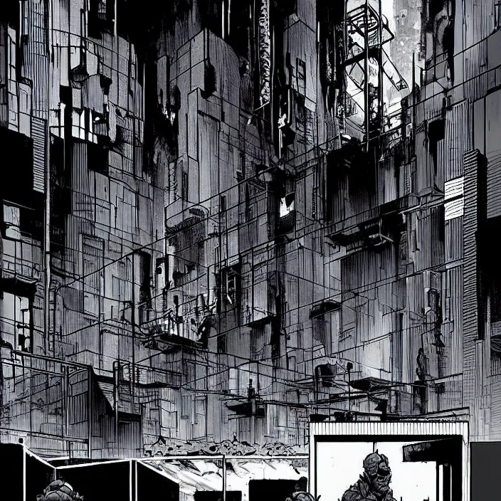 Image similar to a big modern box / booth stands next to a coal mine. storyboard, scifi cyberpunk. by gabriel hardman, joe alves, chris bonura. cinematic atmosphere, detailed and intricate, perfect anatomy