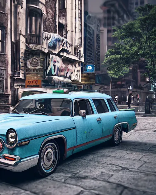 Prompt: ecto - 1 car parked in middle of busy street with doors open, hyper realism, cinematic, dramatic ambient lighting, high detail, octane render, unreal engine, 8 k, vibrant colors, high contrast, depth of field, professional photo, concept art, dnd, 3 d render, digital art, deviantart artstation, ray tracing, apocalyptic, extremely detailed, very sharp,