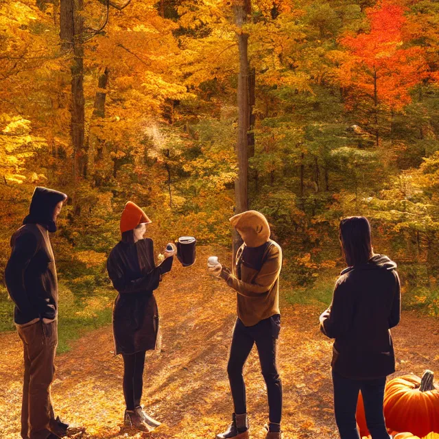 Image similar to pumpkin headed people ordering coffee at a coffee stand, maple trees with fall foliage, on a mountain in new hampshire, volumetric, realistic, cinematic lighting, ray tracing, unreal engine 5, octane render, hyper realistic, photo, 8 k