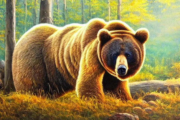 Image similar to bear, fantasy, painting, ultra realistic!!!, clear weather, golden hour, sharp focus